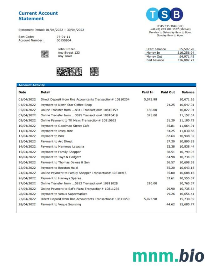 United Kingdom TSB Bank statement, Excel